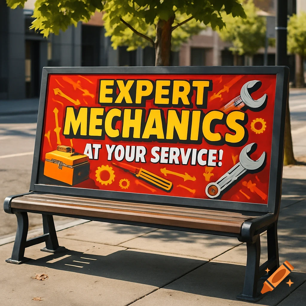 A red and yellow sign on a park bench advertises 'EXPERT MECHANICS AT YOUR SERVICE!' with illustrations of tools, set on a city street.