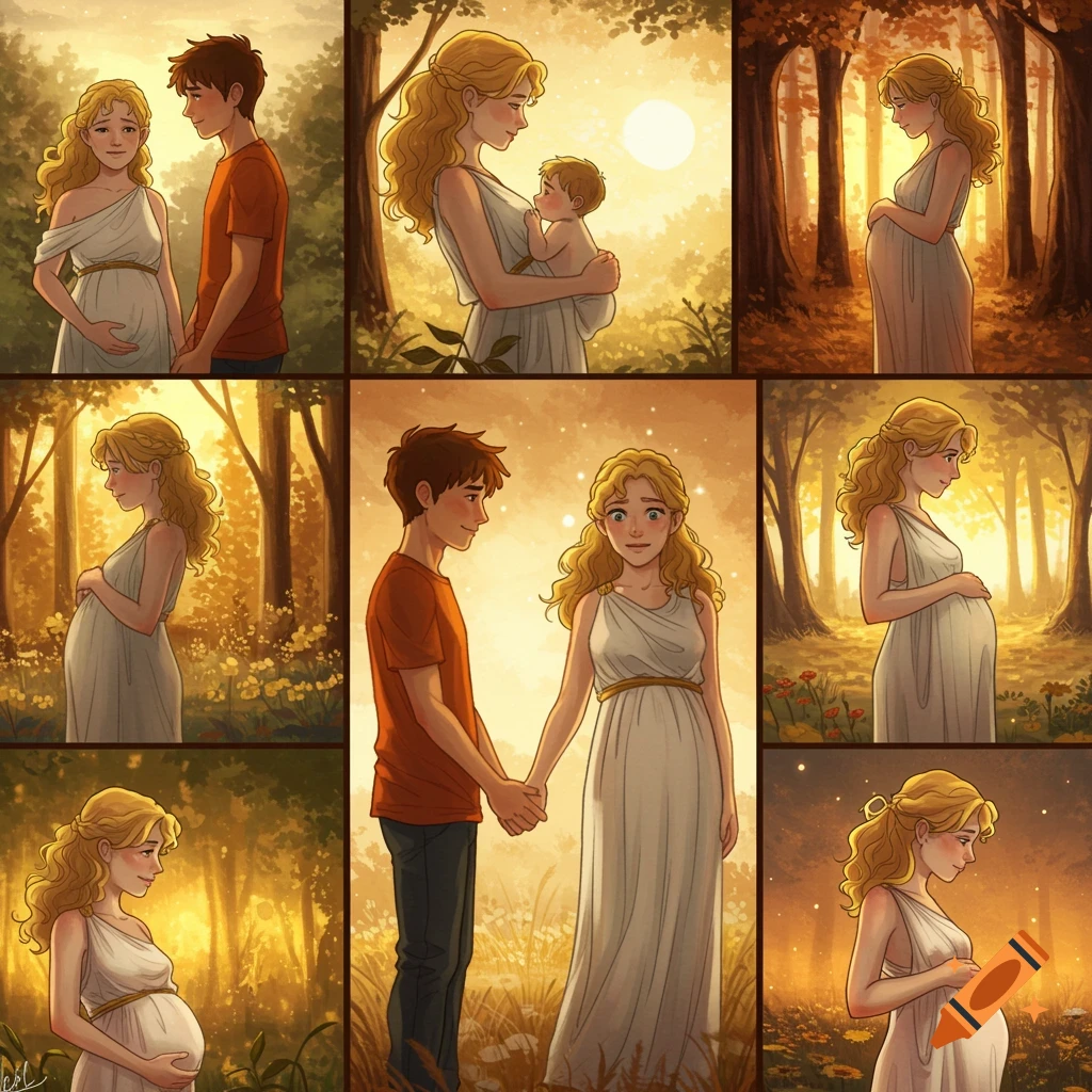 A 3x3 grid of golden-hued illustrations depicting a couple's pregnancy journey, from early stages to holding a baby, set in a forest.