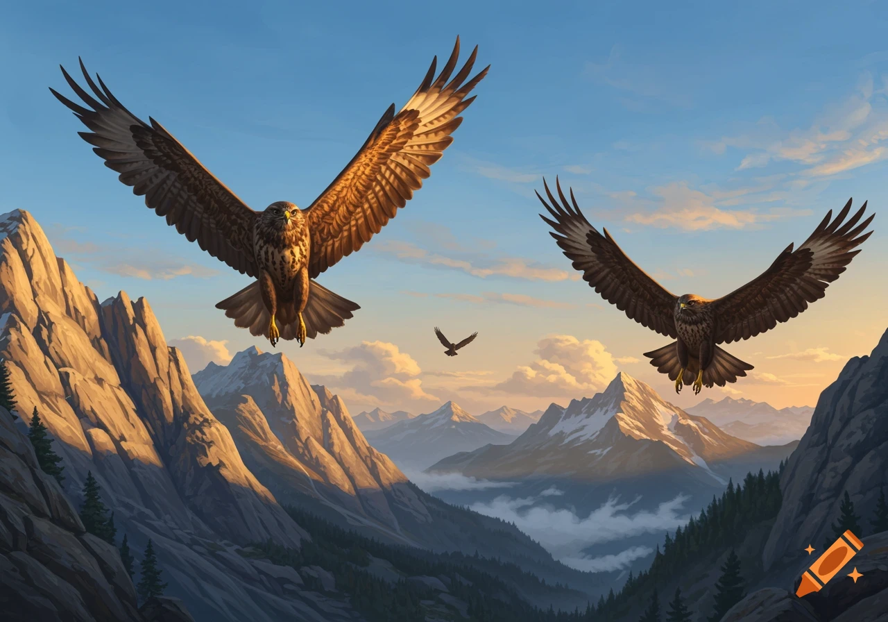 Two large buzzards soar above a vast mountain landscape under a clear sky.