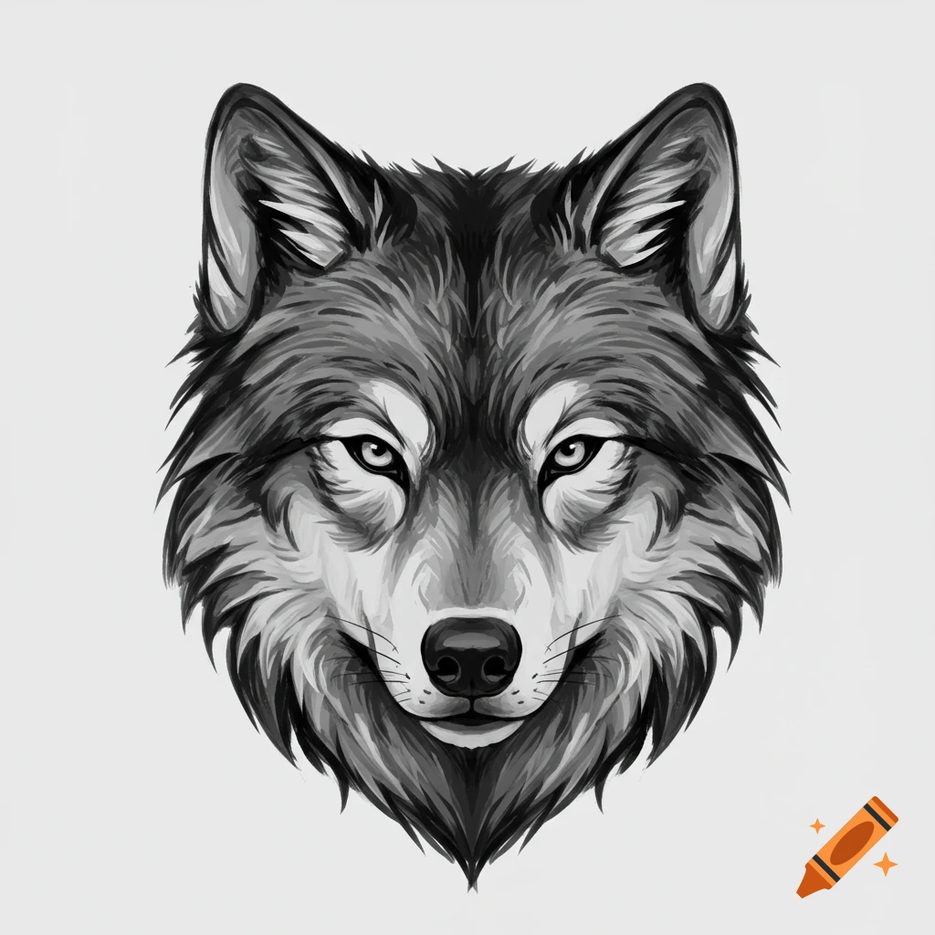 A stylized black and white illustration of a wolf's head looking forward.