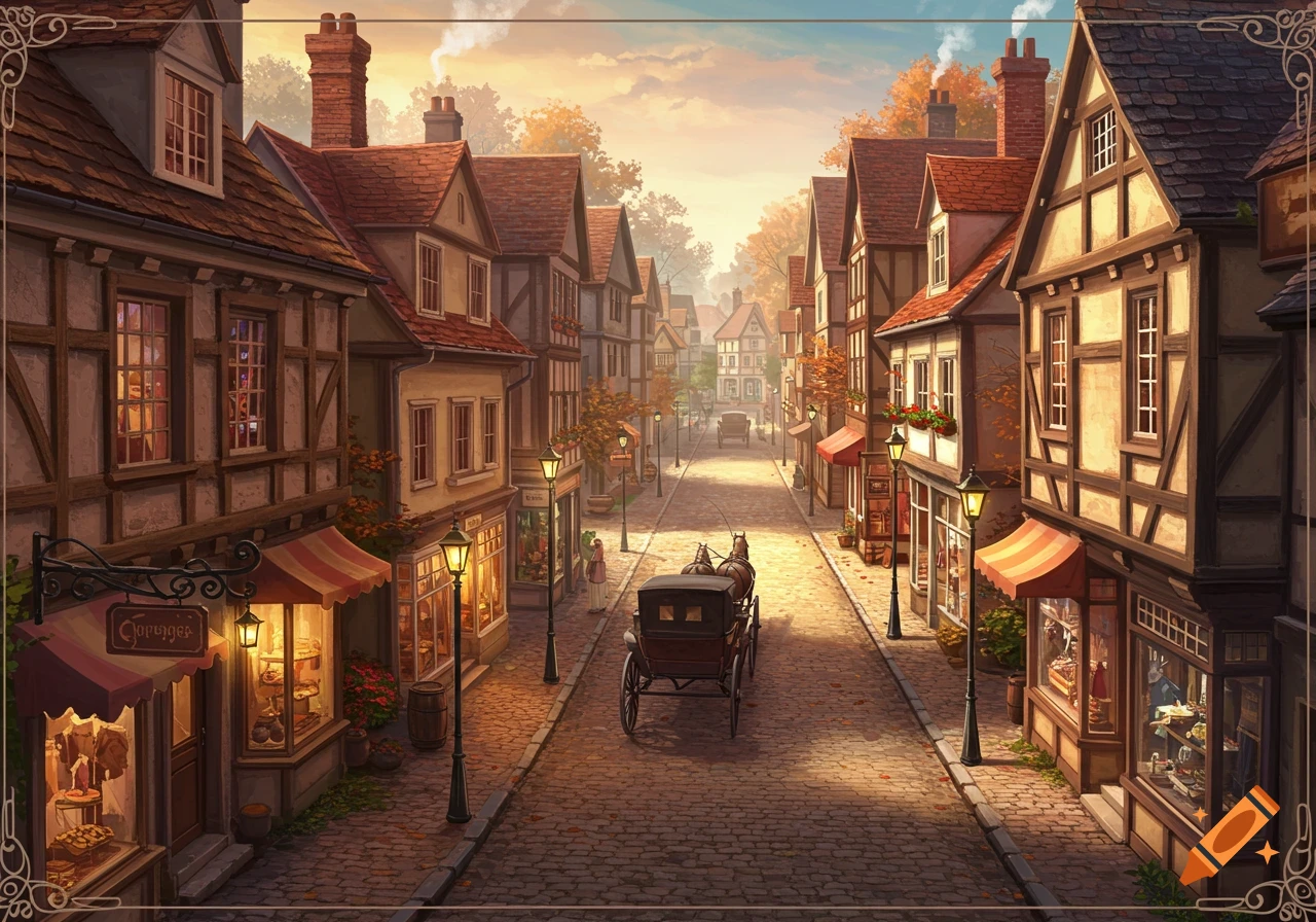 A charming old town street with cobblestones, timber-framed buildings, gas lamps, and a horse-drawn carriage under an autumn sky.
