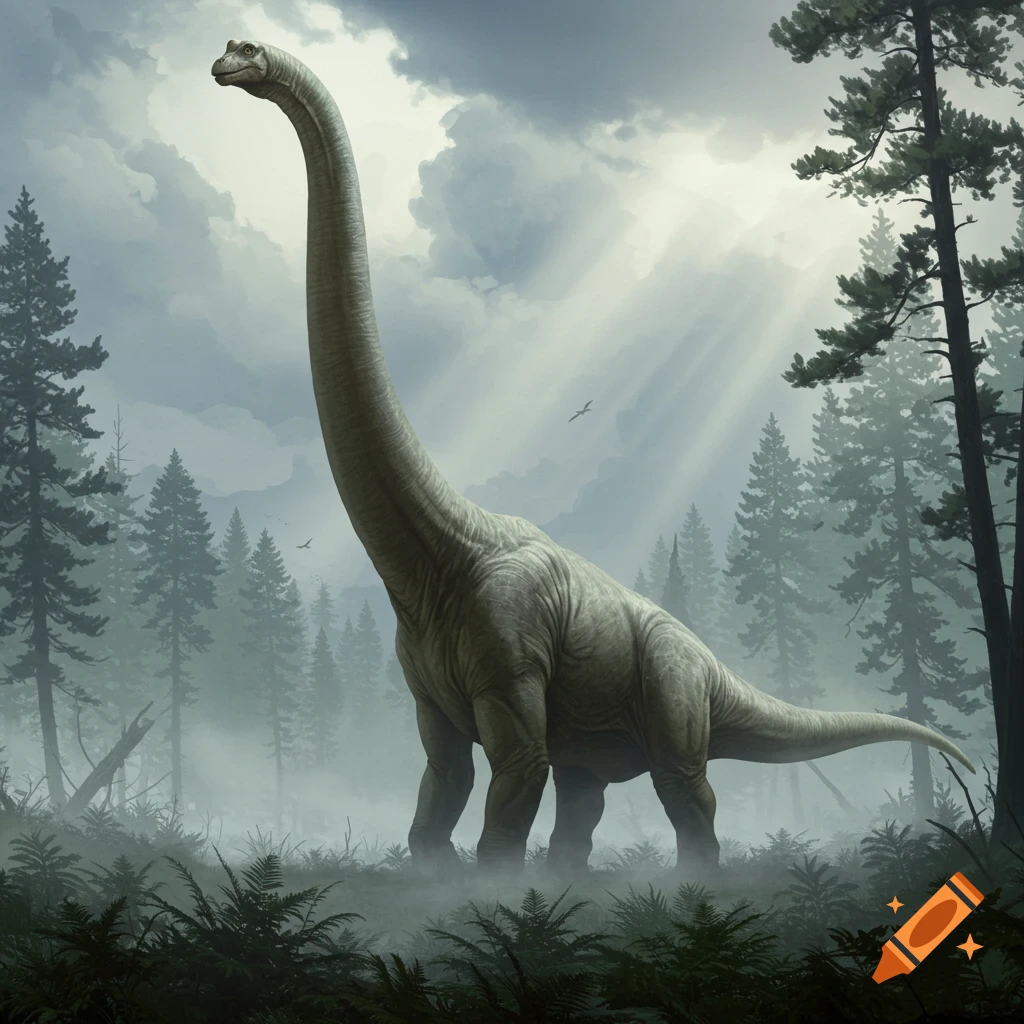 A large, long-necked brachiosaurus stands in a misty, sunlit prehistoric forest with tall trees.