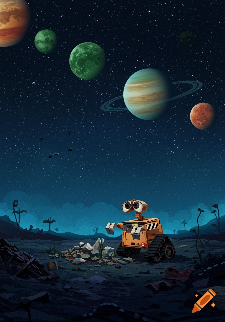 The robot Wall-E stands on a desolate planet under a starry night sky, with various colorful planets visible above.