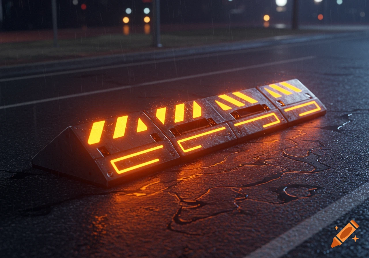 A glowing orange tactical speed bump on a wet asphalt road at night with falling rain and reflections.