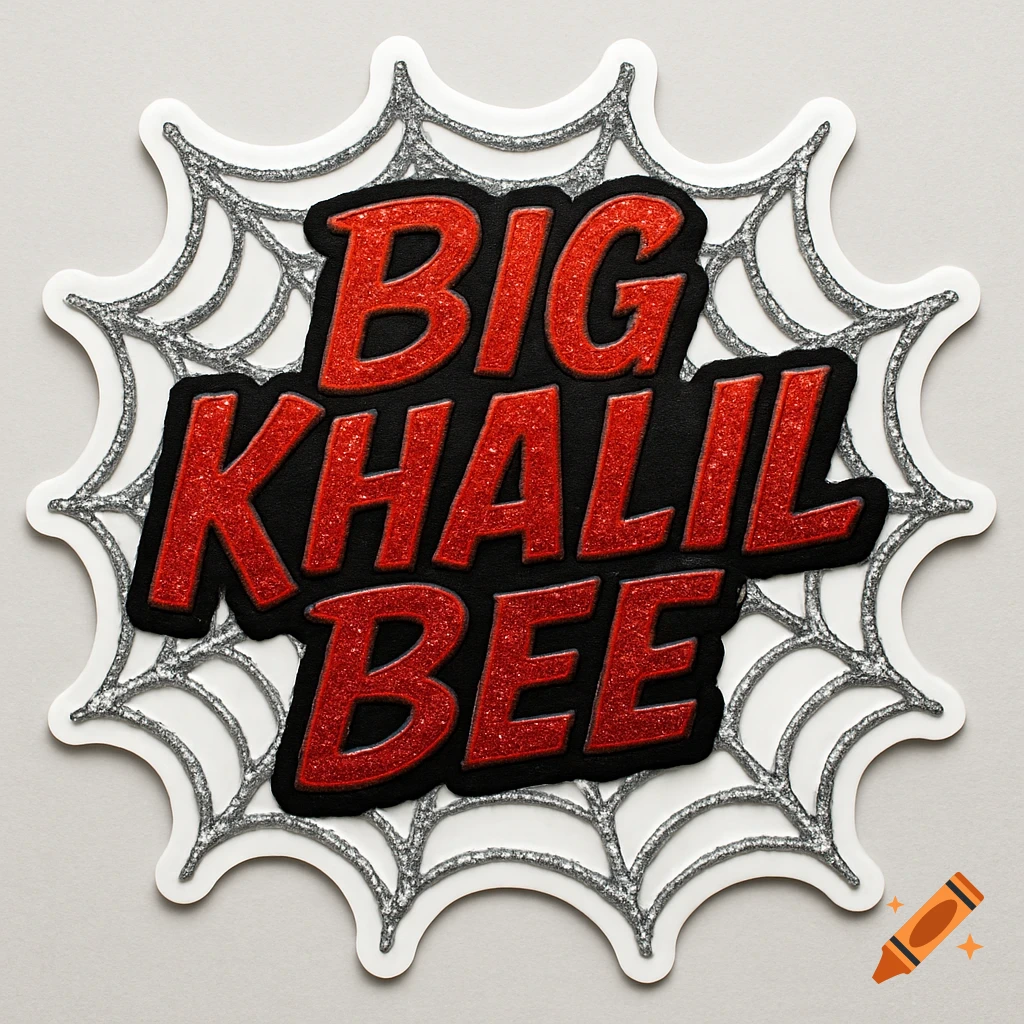 A red glittery 'BIG KHALIL BEE' text on a black sticker, framed by a white and silver glittery spiderweb.