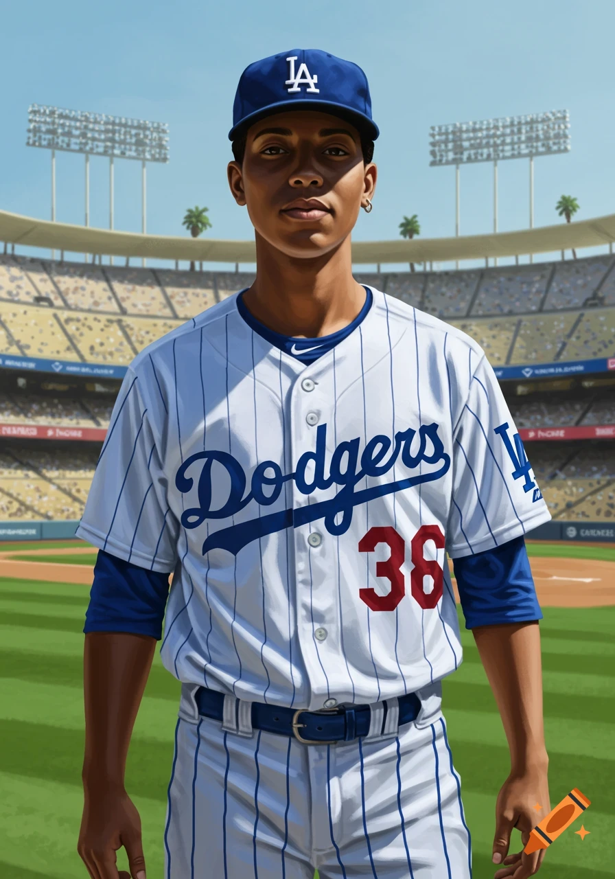 A photorealistic portrait of a young male baseball player in a Los Angeles Dodgers uniform, standing in a stadium.