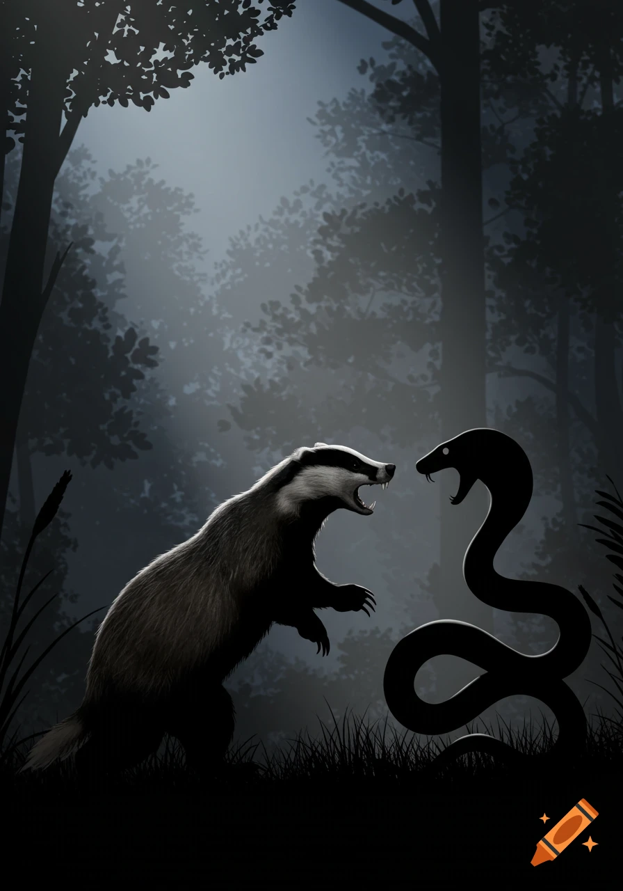 A badger and a snake face each other in a dark, misty forest silhouette illustration.