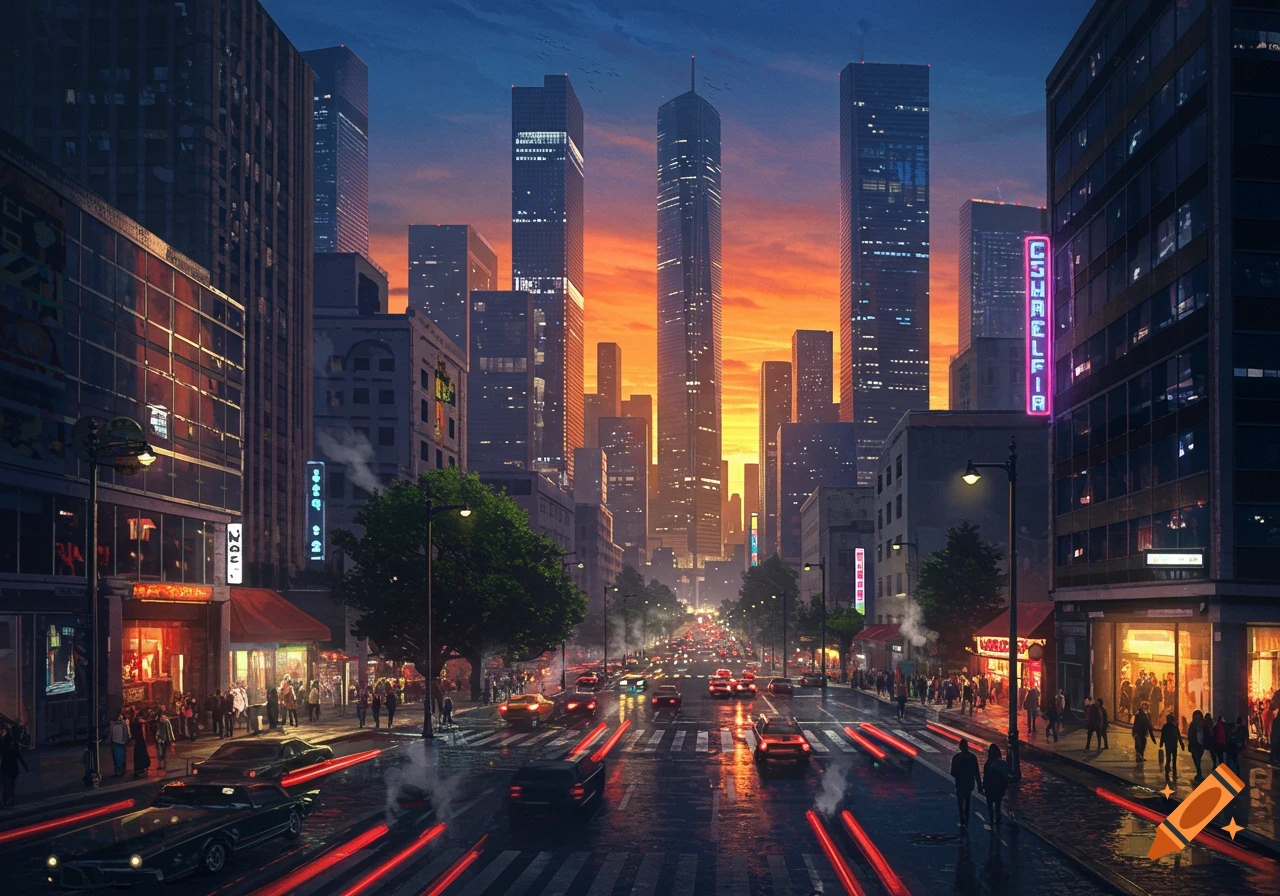 A vibrant city street at dusk with towering skyscrapers, bustling sidewalks, and cars with red light trails on wet asphalt.