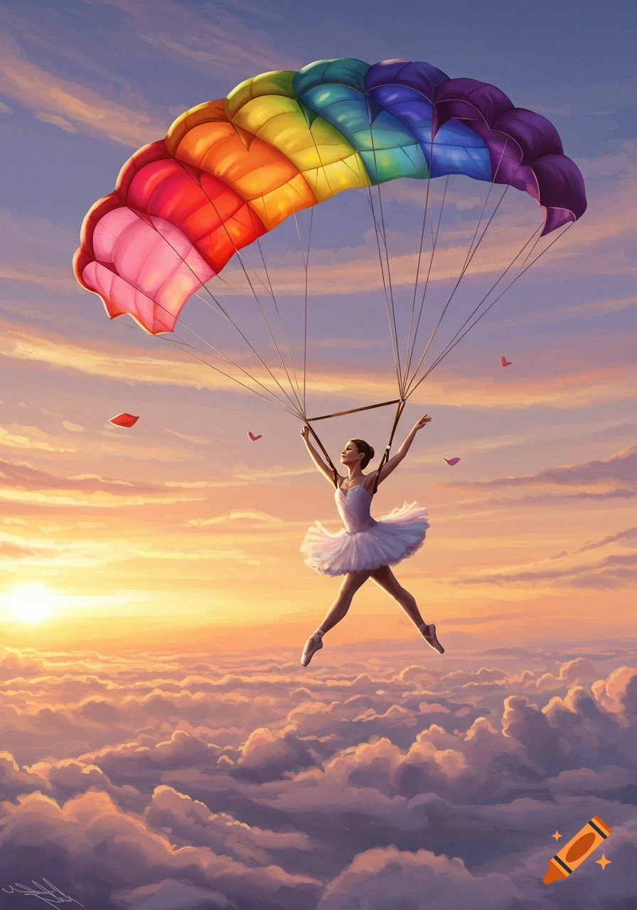 A graceful ballet dancer in a white tutu floats above clouds at sunset, holding a vibrant rainbow parachute. Digital painting style.