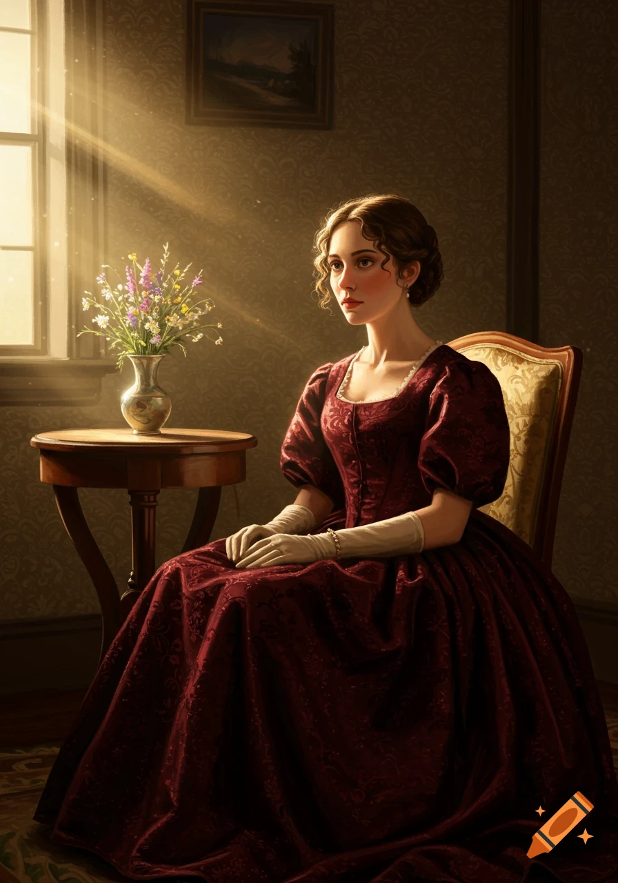 A woman in a historical dark red gown and white gloves sits in a sunlit room beside a table with flowers, digital painting.