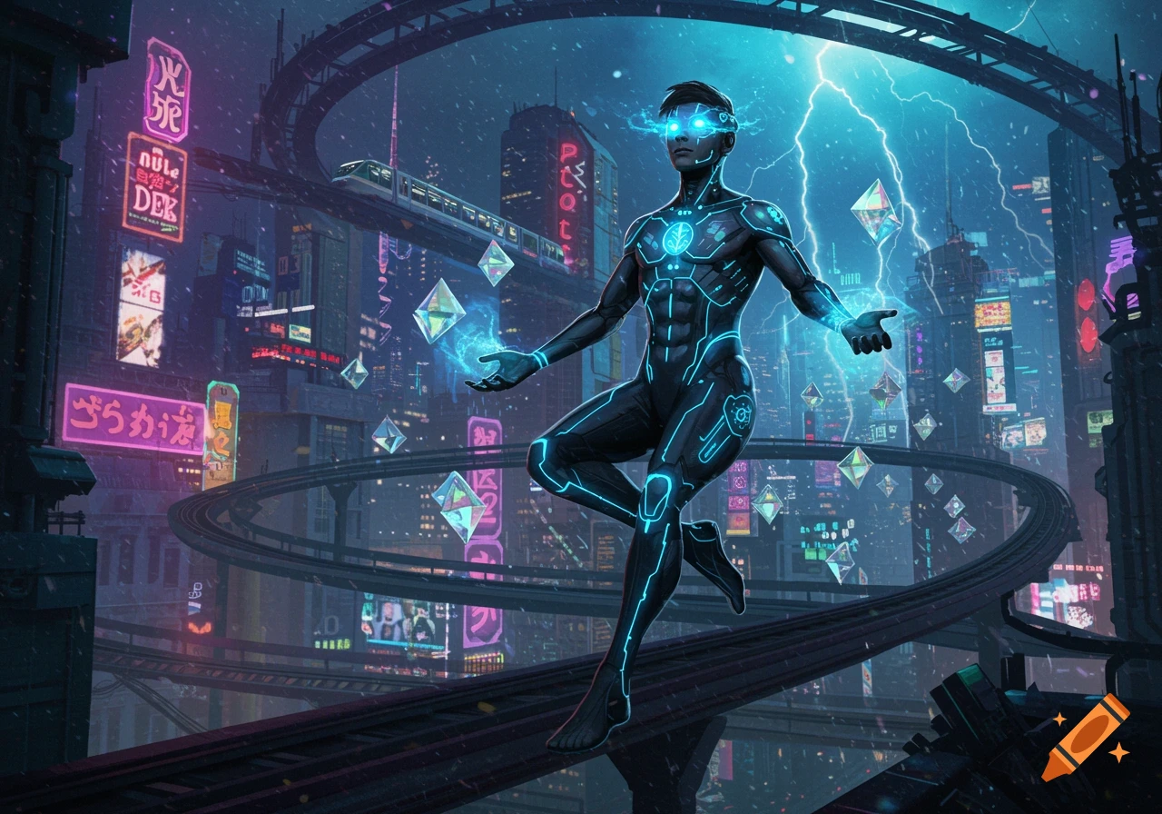 A glowing figure in a black suit floats in a futuristic cyberpunk city with neon signs, surrounded by blue crystals and lightning.