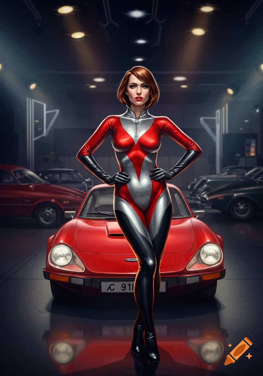 A woman in a red, silver, and black superhero-style suit with gloves and boots stands in front of a red car in a garage.