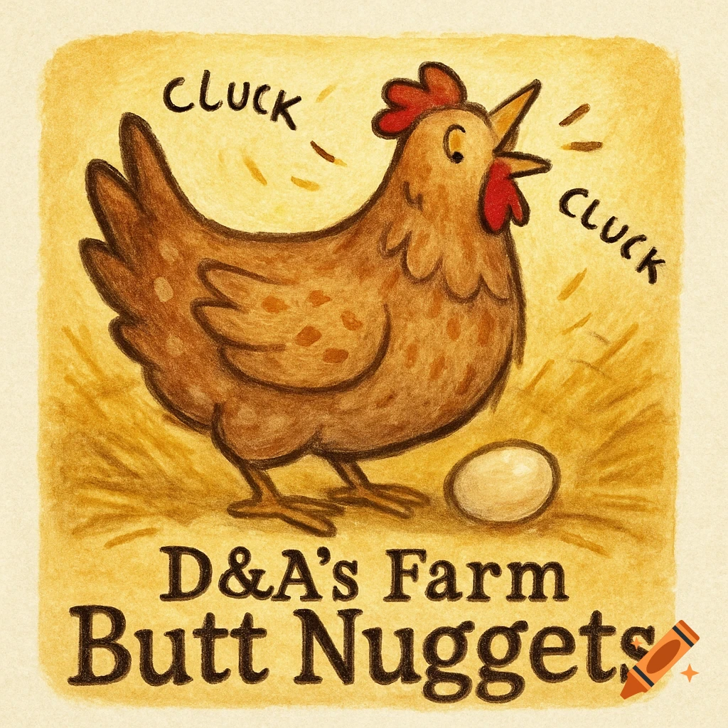 A stylized illustration of a clucking brown chicken standing next to an egg on a bed of hay. Text reads 'D&A's Farm Butt Nuggets' and 'CLUCK CLUCK'.