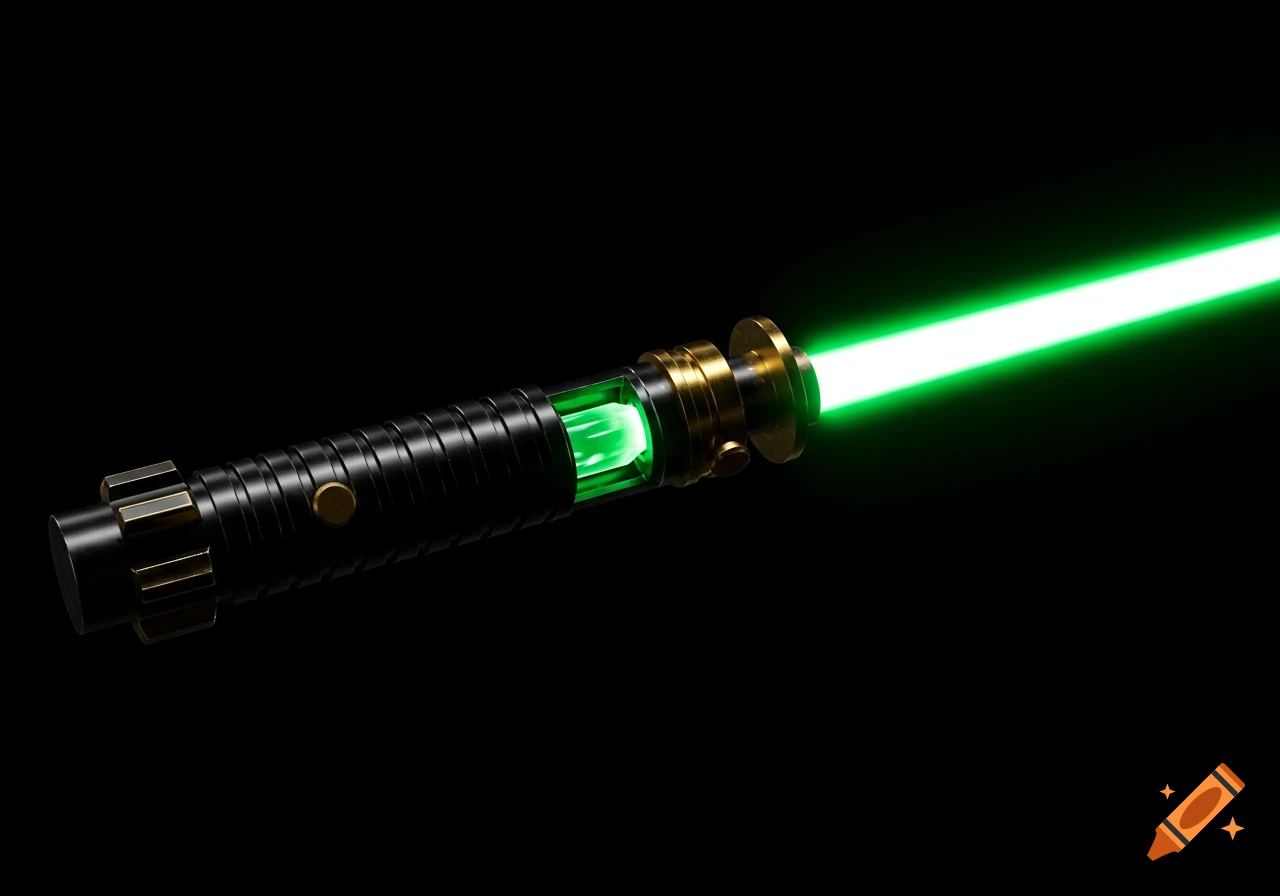 A black and gold lightsaber with a glowing green blade and visible green crystal chamber on a black background.