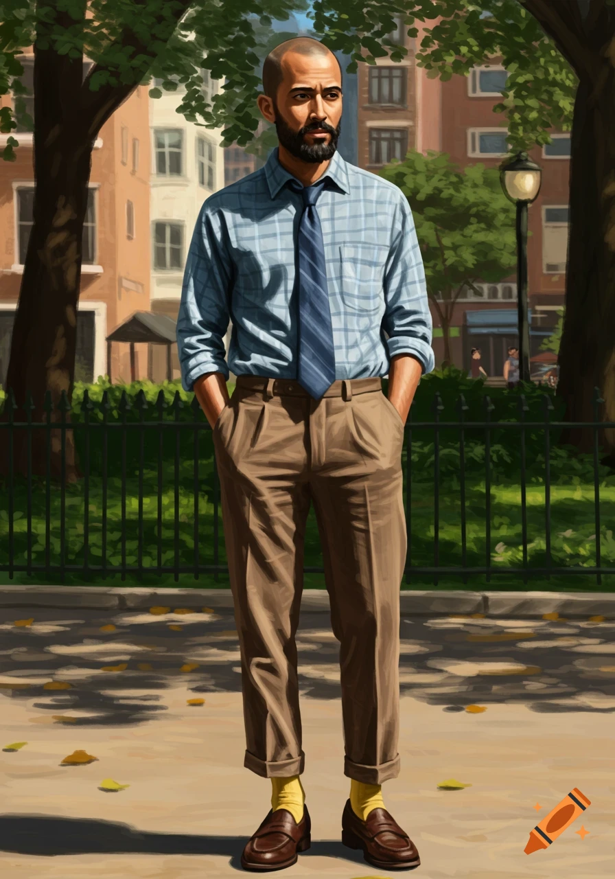 A man with a beard and short hair wears a plaid shirt, blue tie, brown pants, yellow socks, and loafers in an urban park.