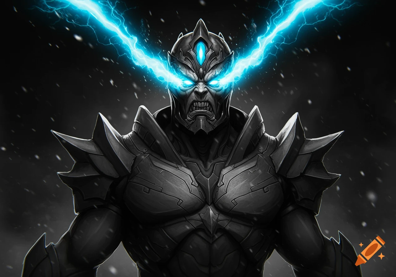 A powerful armored figure with a fierce expression and glowing blue eyes shoots electric beams. Black and white with blue accents.
