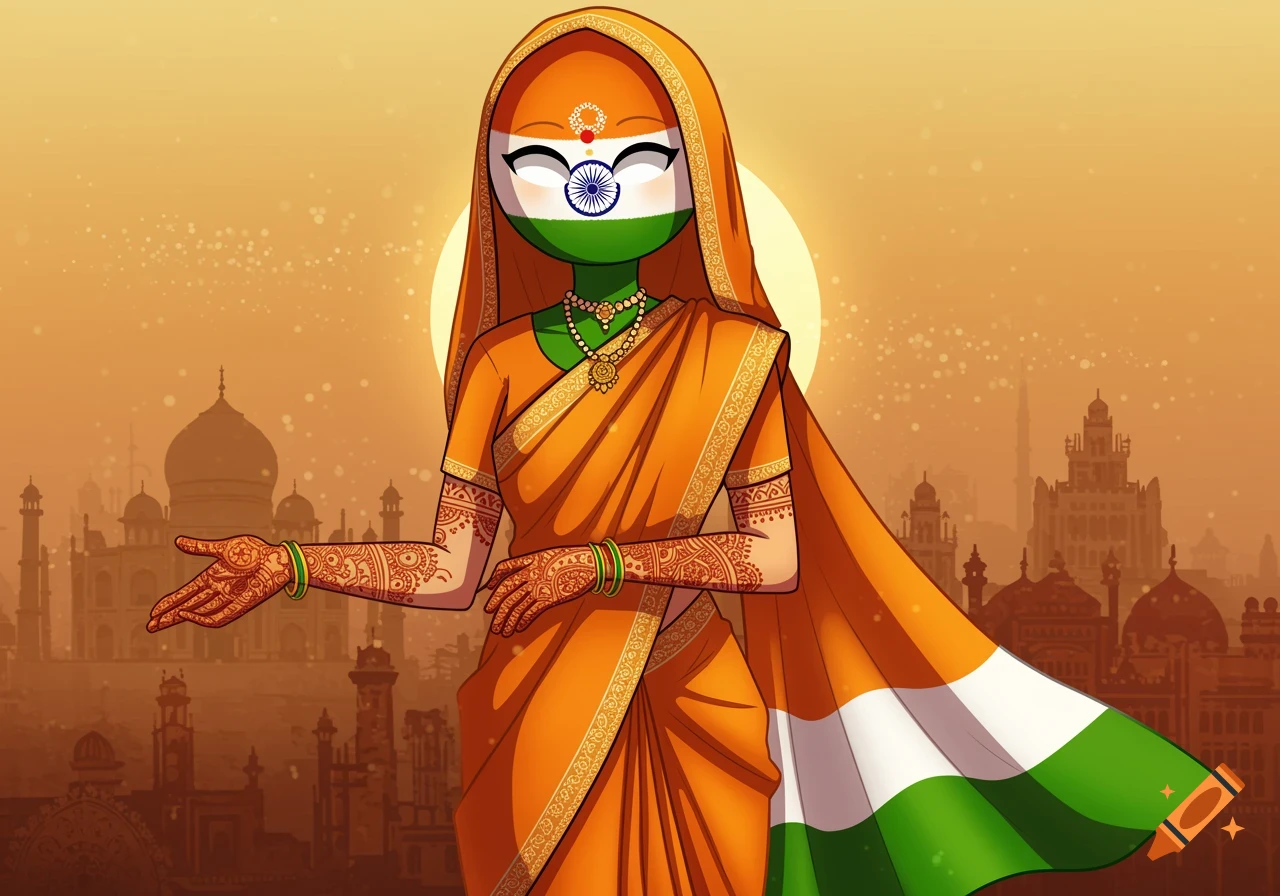 Anime-style character representing India with a flag face and orange sari, standing before Indian architecture at sunset.