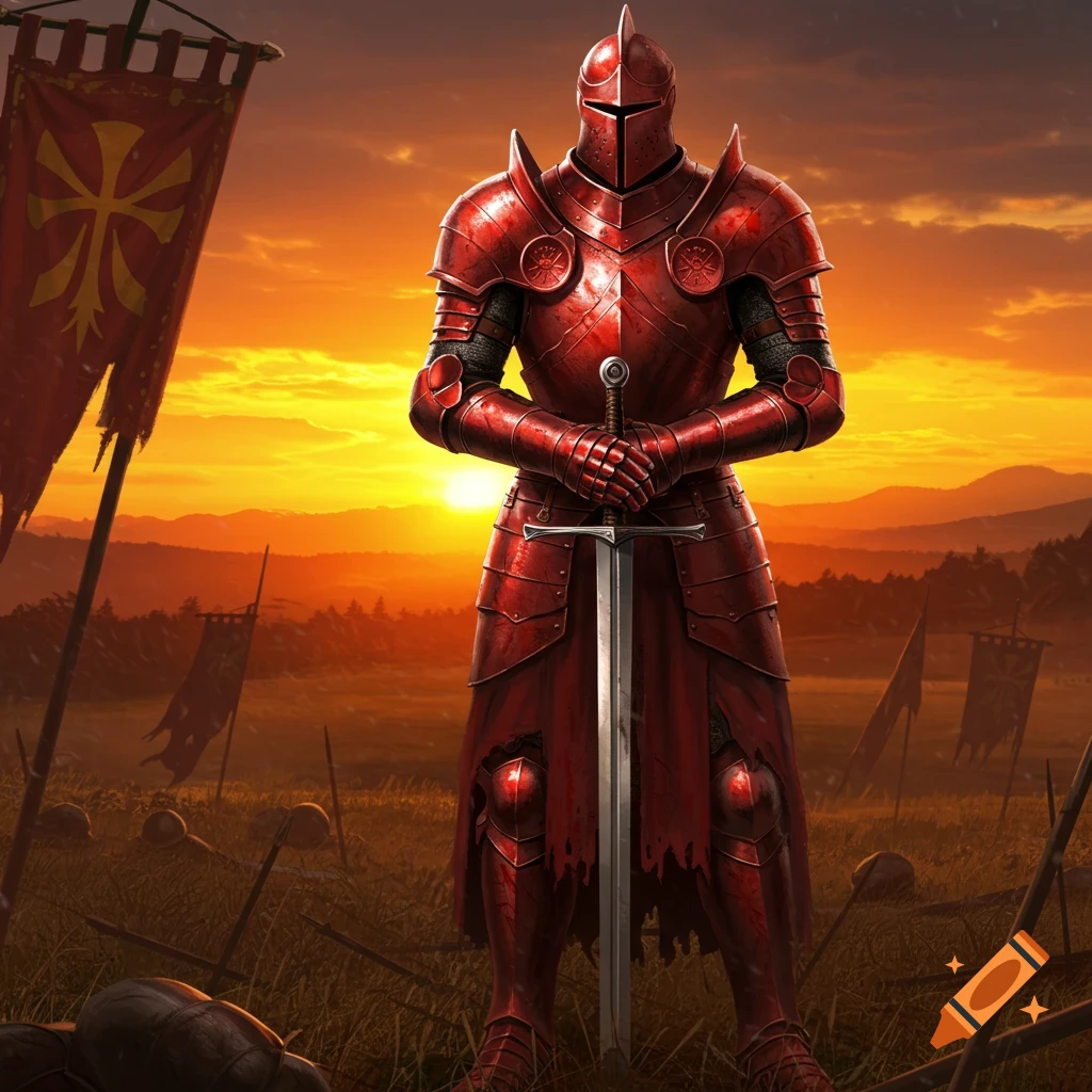 A knight in red armor holds a sword on a battlefield at sunset with banners.