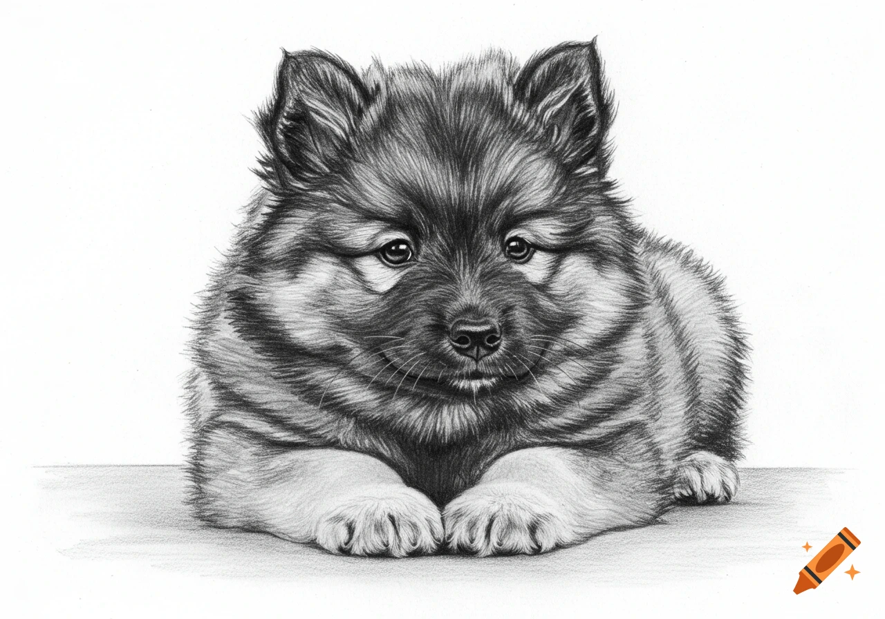 A detailed pencil sketch of a fluffy Keeshond puppy with big ears, lying down and looking forward.