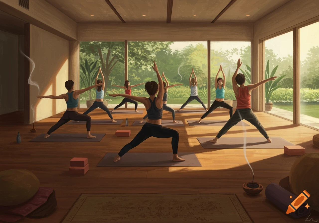 A group of people in a spacious yoga studio performing poses, with large windows overlooking a lush outdoor landscape, in a painted style.