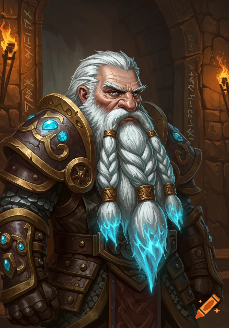 Portrait of an old dwarf with a long, white braided beard glowing blue, wearing ornate armor, in a stone dungeon.