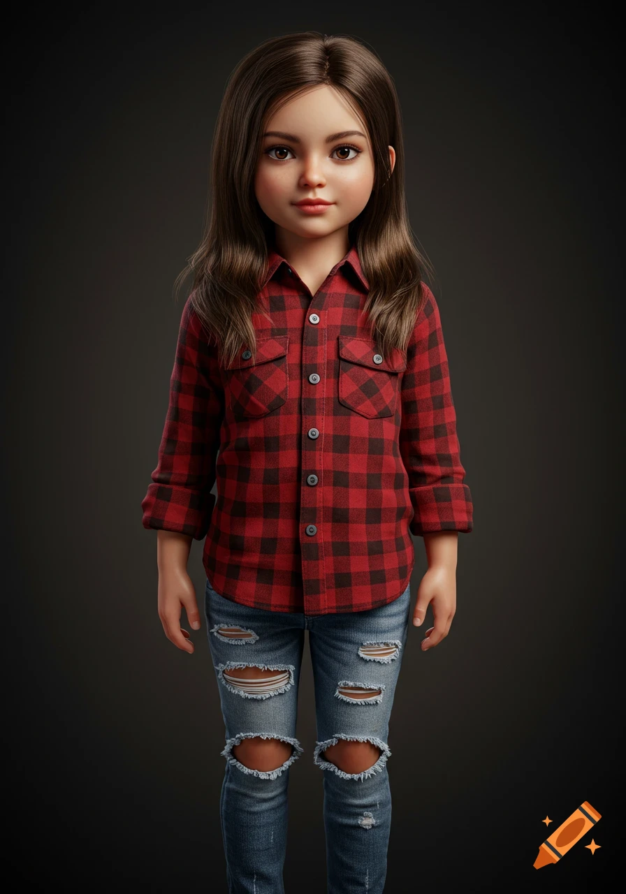 A realistic 3D render of a young girl with long brown hair, wearing a red plaid flannel shirt and ripped blue jeans.
