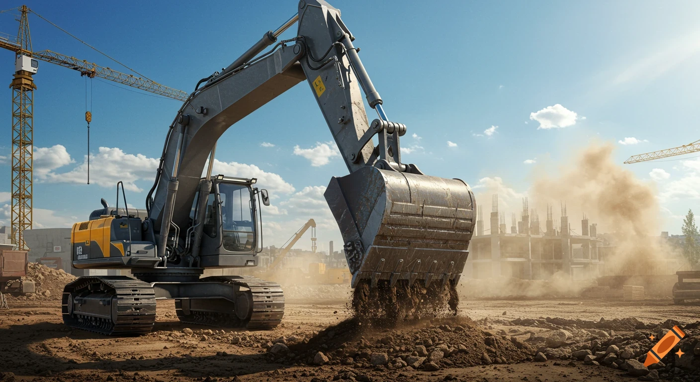 A large yellow and gray excavator digging dirt at a dusty construction site under a blue sky with cranes in the background.