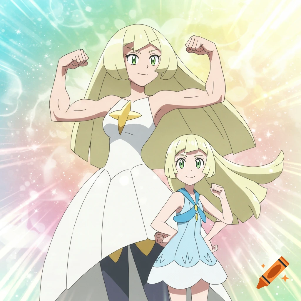 Anime image of Pokémon character Lusamine, with large muscles, flexing next to her daughter Lillie, who also flexes her arm.
