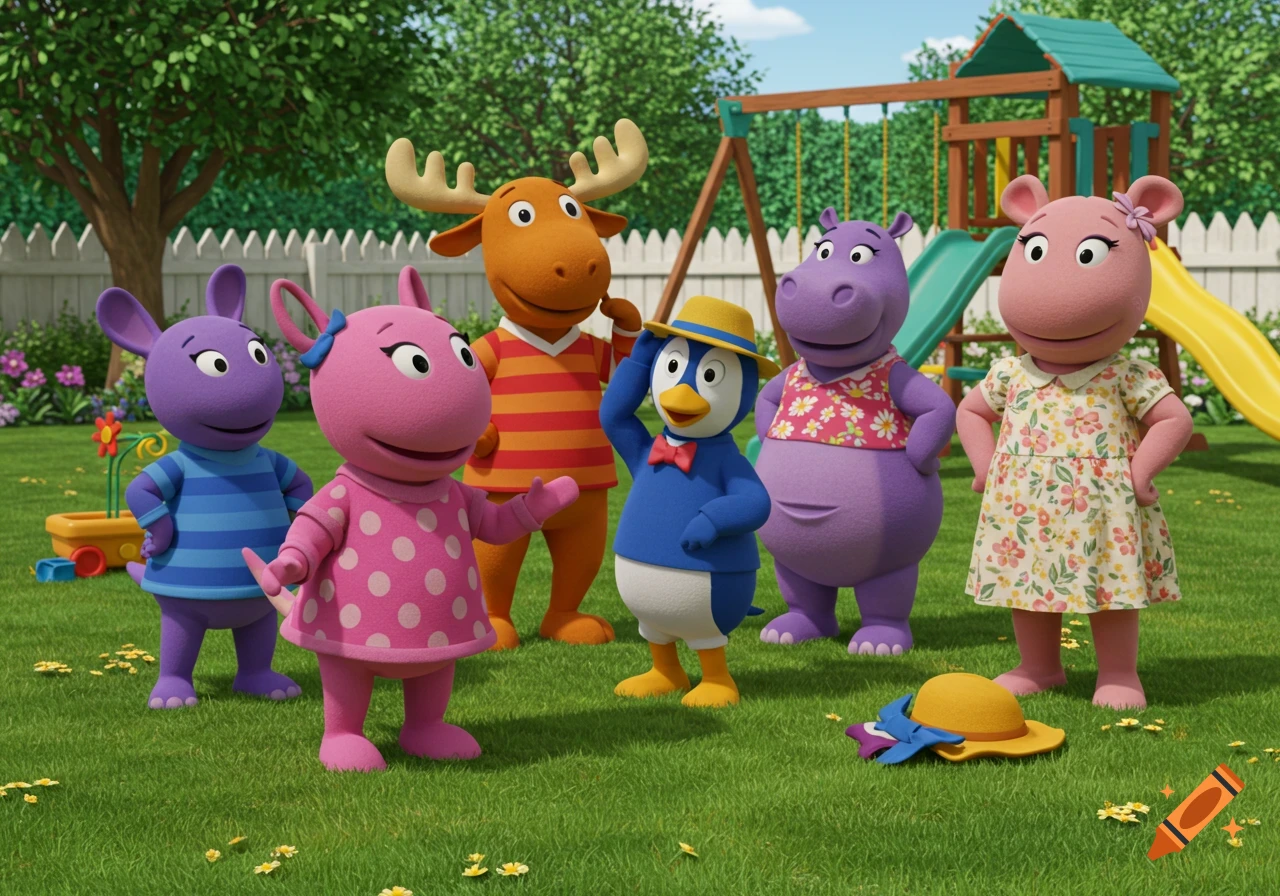 The Backyardigans characters are gathered in a bright green backyard with a playset and white picket fence in the background.