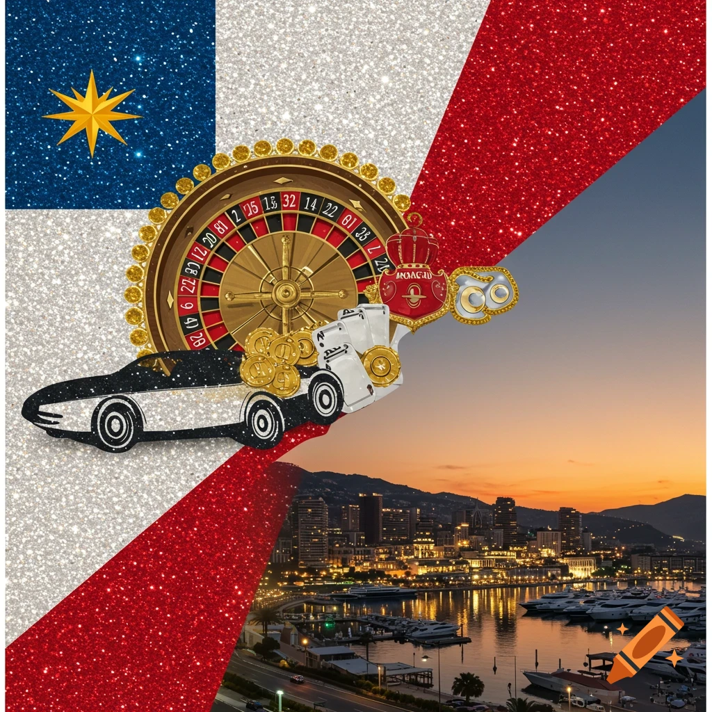 A glittery flag design featuring a roulette wheel, playing cards, coins, and a sports car overlaid on a city skyline with a harbor at sunset.