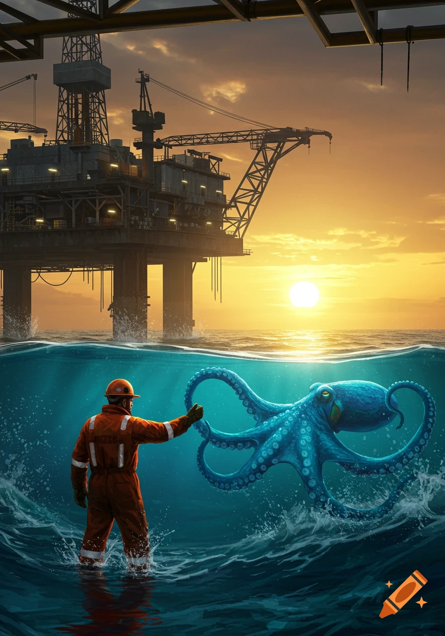 An oil rig worker in orange gear stands in the ocean, reaching for a blue octopus, with an oil rig and sunset in the background.