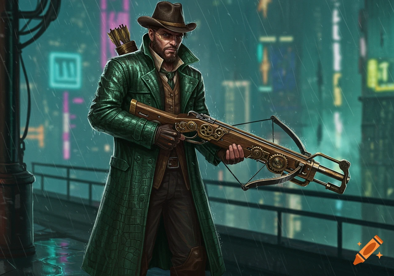 A male ranger in a green alligator leather trench coat and a hat holds a steampunk crossbow in a rainy cyberpunk city.