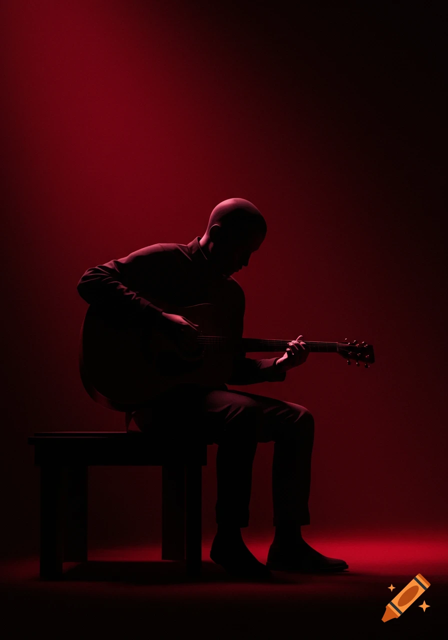 Silhouette of a person playing an acoustic guitar on a bench, illuminated by red light.