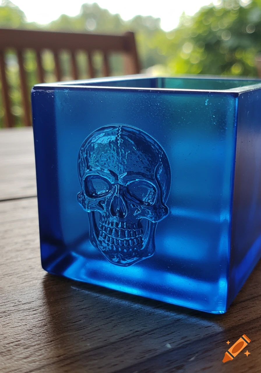 A close-up shot of a translucent blue rectangular holder with a skull embossed on its side, resting on a wooden surface outdoors.