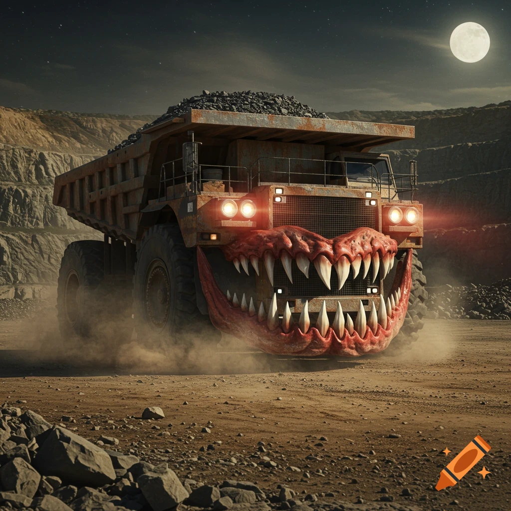 A scary monster mining truck with glowing headlights and sharp teeth in a dusty quarry under a full moon at night.