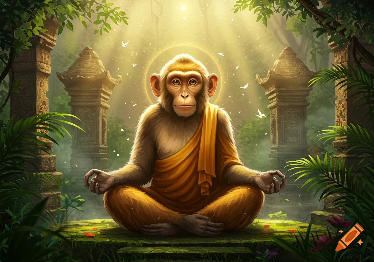 A monkey wearing a yellow robe meditates in a lotus position, with a glowing halo, surrounded by lush jungle ruins under golden sunlight.
