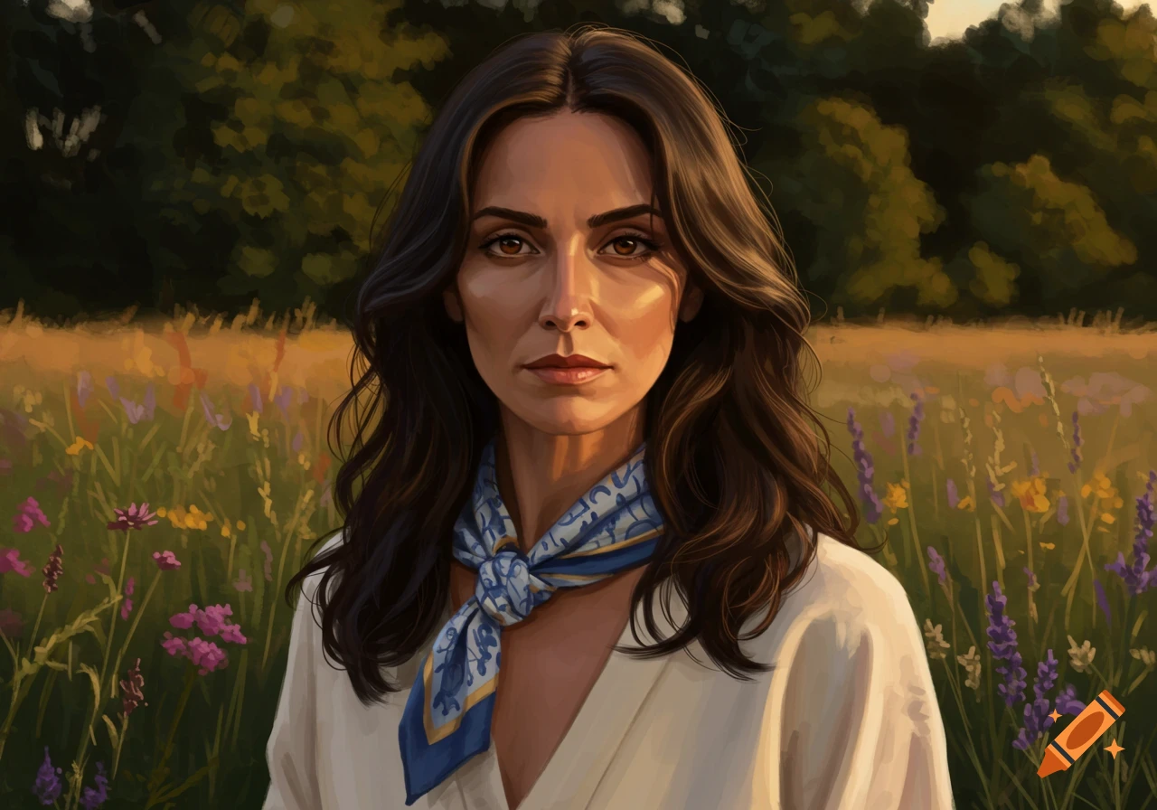 A digital painting of a woman with long dark hair, wearing a white top and a blue patterned scarf, standing in a wildflower field at sunset.