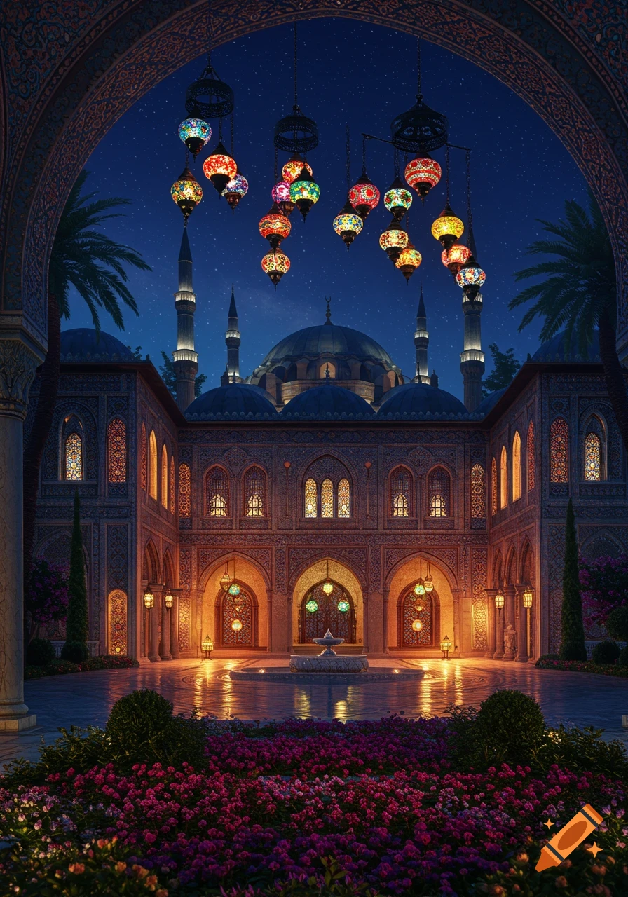 An ornate Ottoman palace courtyard at night, seen through an archway, with colorful lanterns, a fountain, and pink flowers under a starry sky.
