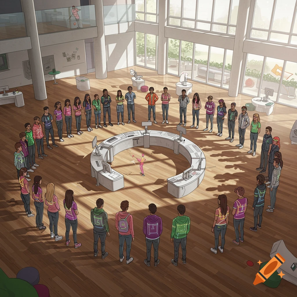An illustration of students forming two circles, one facing inward and one facing outward, inside a large, modern building with many windows.