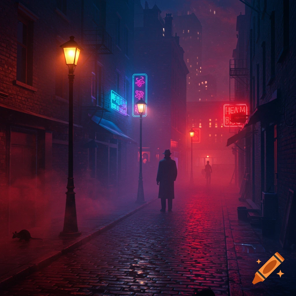 A lone figure walks down a misty, neon-lit cobblestone street at night, in a noir style.