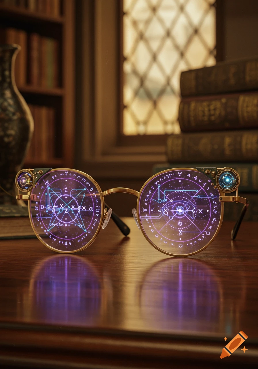 Close-up of ornate gold-rimmed spectacles with glowing purple-blue magical symbols and geometric patterns on the lenses, sitting on a wooden table in a dimly lit library. Books and a window are in the background.
