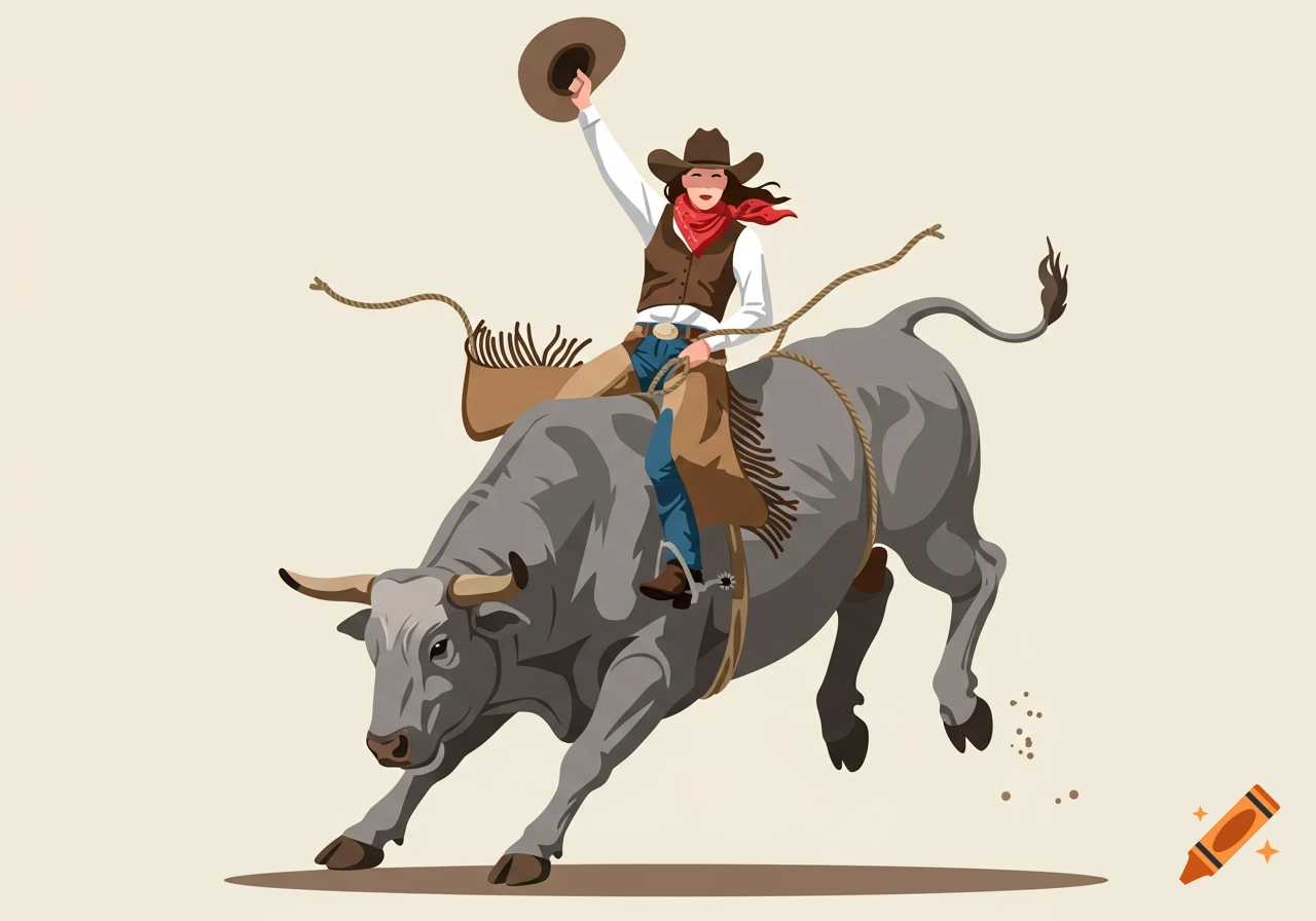 Illustration of a rodeo girl riding a bucking bull, holding her cowgirl hat in the air.