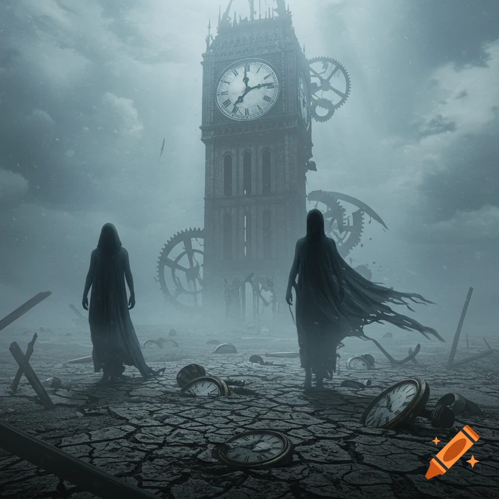 Two cloaked figures stand on cracked earth amidst fallen clocks before a gigantic, broken clock tower with gears, in a dark, misty, apocalyptic landscape.