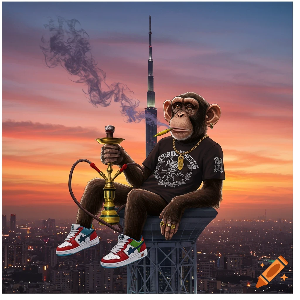A chimpanzee with a Chrome Hearts shirt, Bape shoes, and gold chain sits atop a skyscraper, smoking a hookah at sunset.