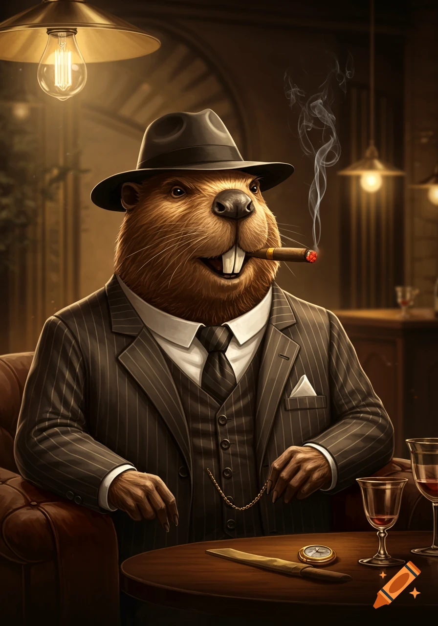 A anthropomorphic beaver in a pinstripe suit and fedora, smoking a cigar in a dimly lit bar.
