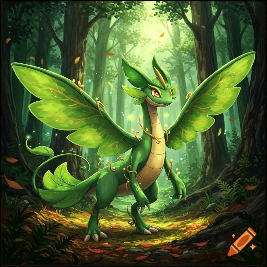 A vibrant green dragon with large leaf-like wings and glowing golden vines wrapped around its body stands in a lush, sunlit forest.