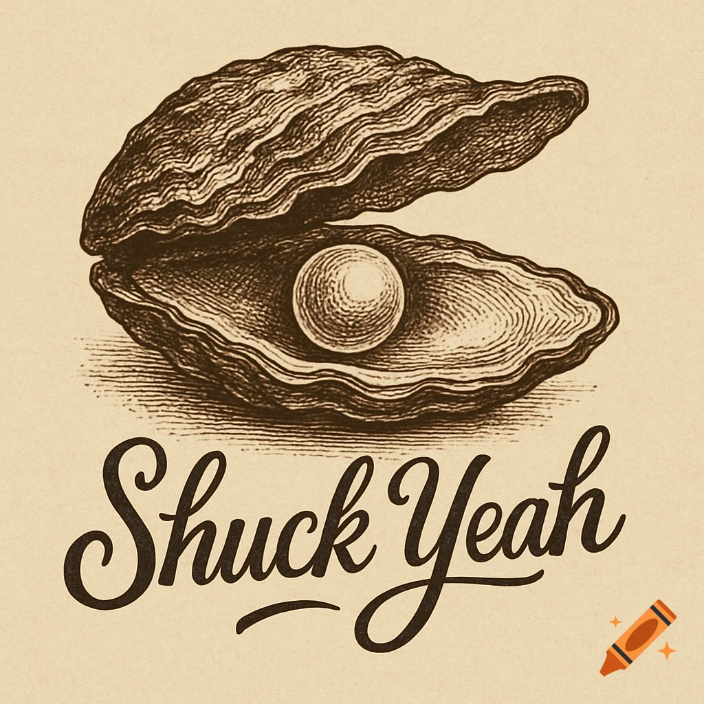 Vintage engraved illustration of an open oyster shell with a pearl inside, labeled 'Shuck Yeah'.