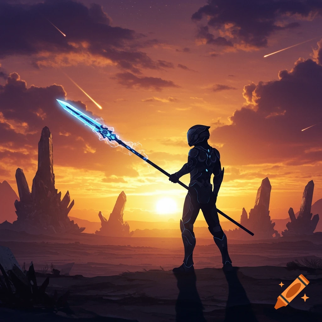 A silhouetted figure in futuristic armor holds a glowing blue spear against a vibrant orange and purple sunset sky with meteors and alien rock formations.