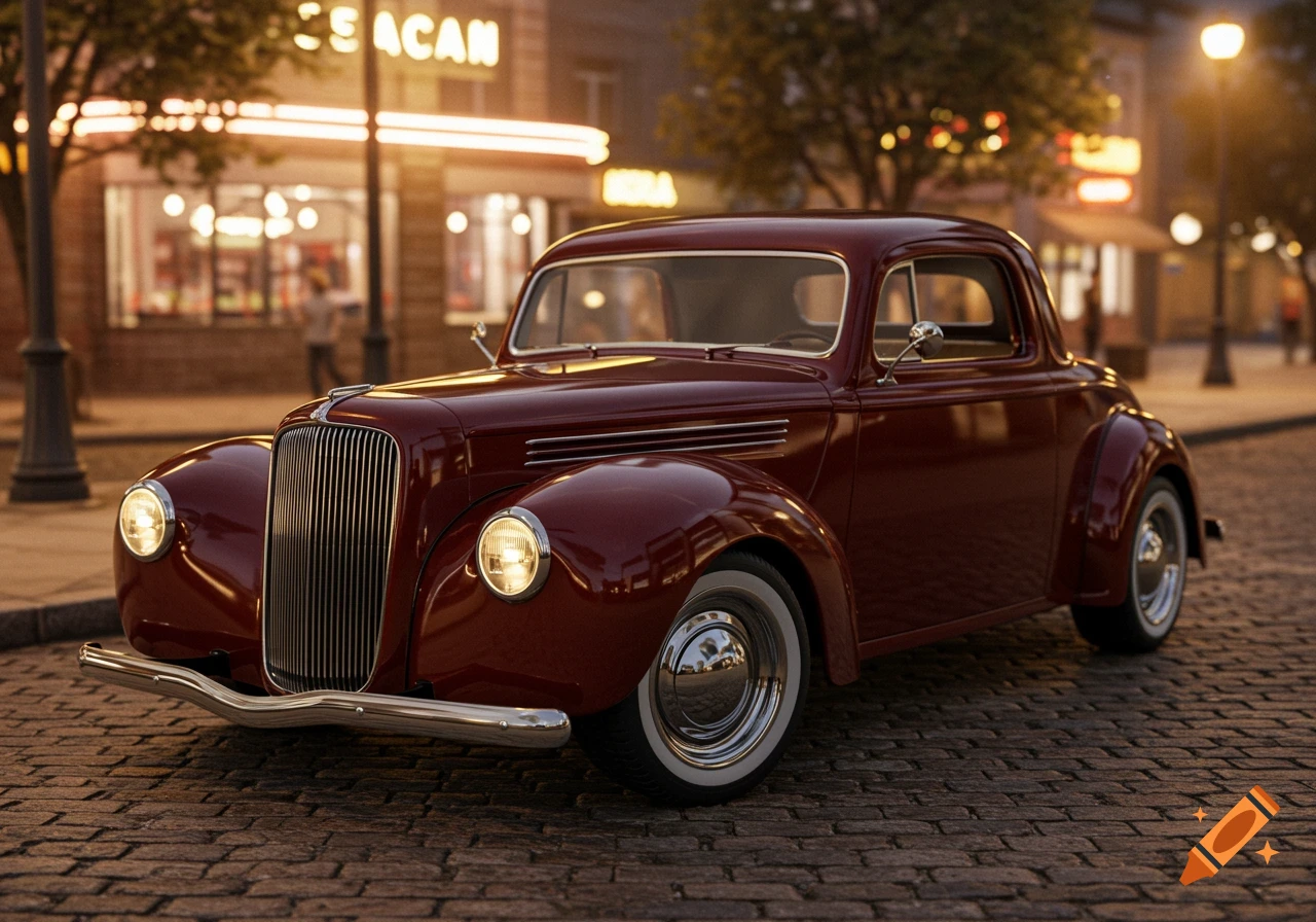 A glossy dark red classic car parked on a cobblestone street at dusk, with illuminated buildings and streetlights in the background.