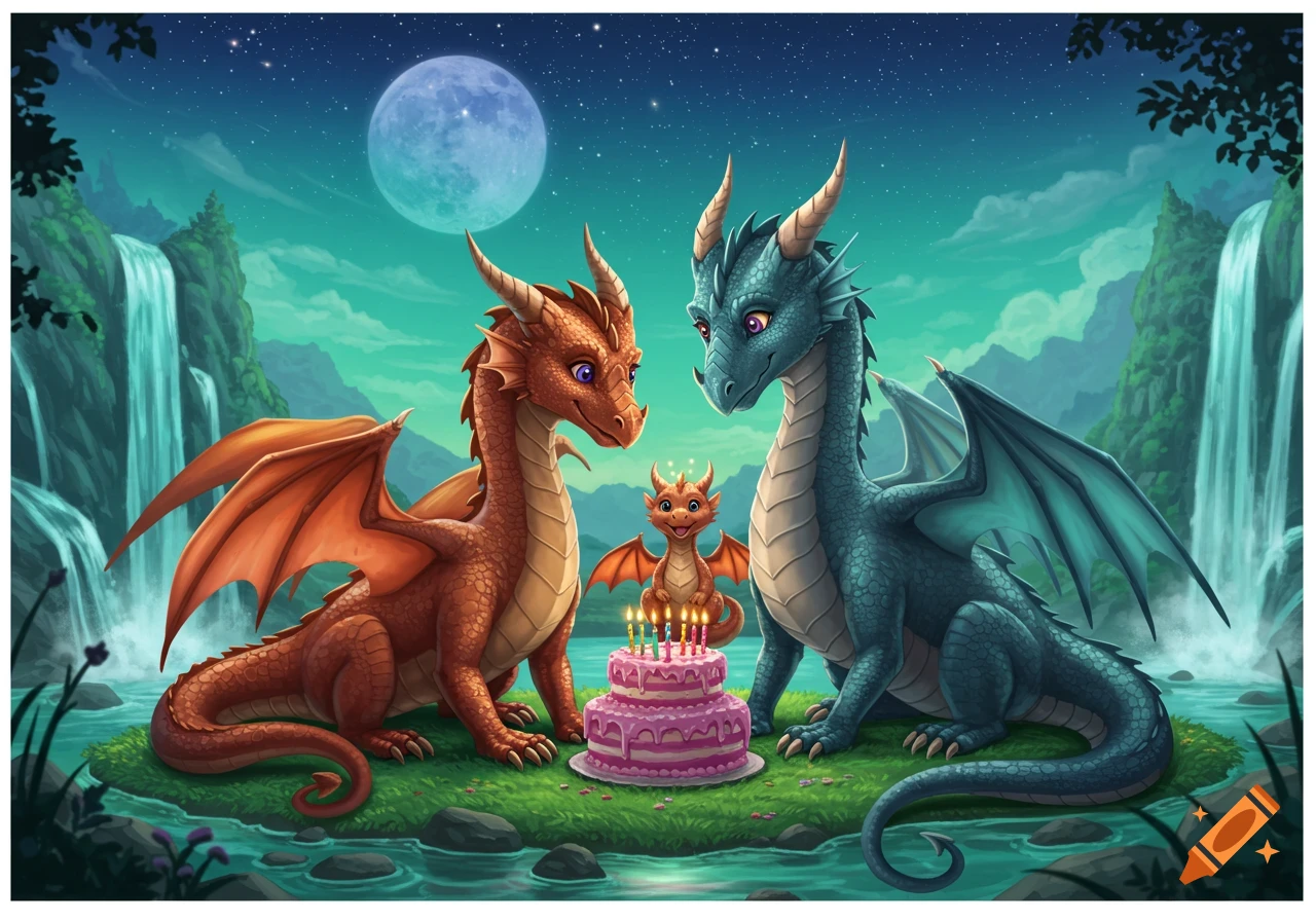 Two adult dragons and a baby dragon celebrating a birthday with a pink cake by a waterfall under a starry moonlit sky.